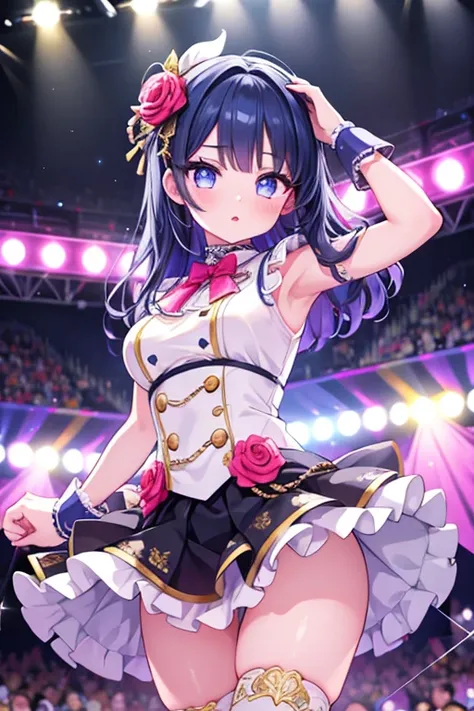 cute idol, 1girl, beautiful detailed eyes, beautiful detailed lips, extremely detailed face, long eyelashes, idol uniform, idol on stage, sparkling lights, dramatic lighting, vivid colors, photorealistic, 8k, hyper detailed, masterpiece, vibrant, glowing s...