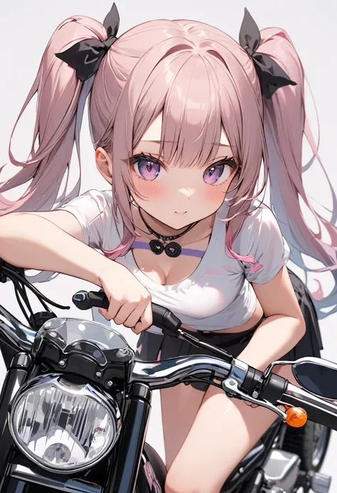 (masterpiece, best quality),A girl who personifies a motorcycle, her twin-tailed hair serving as a handlebar.teen,kawaii,extraordinary, absurd,