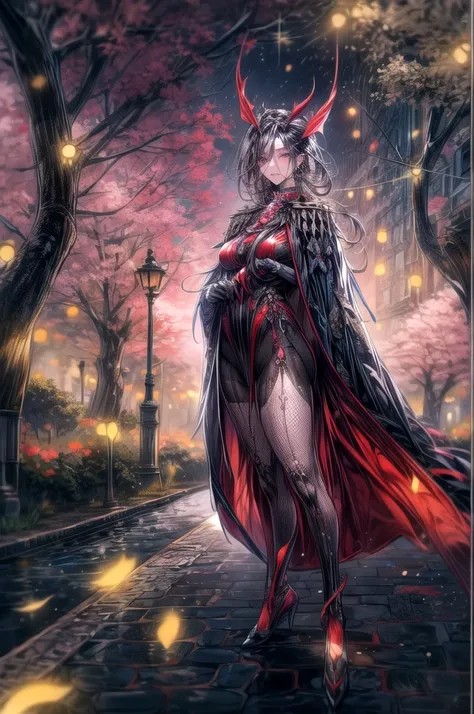 clorinde ,standing in a cherry blossom forest at night, detailed street lamps on a road, (best quality,4k,8k,highres,masterpiece:1.2),ultra-detailed,(realistic,photorealistic,photo-realistic:1.37),a long flowing cape-like scarf in red and yellow hues, a fa...