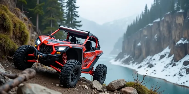 A off road racing 2024 Can Am Maverick x3 Turbo RR rugged fire red with flame paintjob, a power wench mounted to the front, over sized off road tires with a lifted suspension 2023 custom extreme offroad edition lies tangled in a rocky outcropping,Light bar...