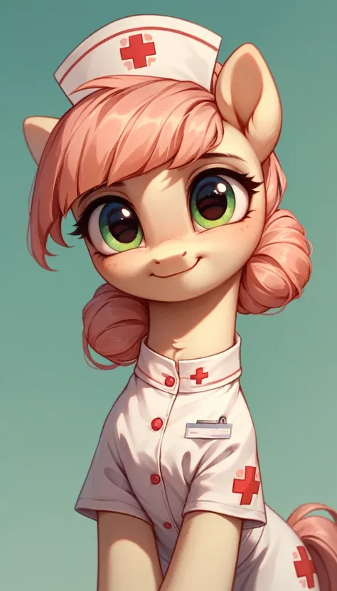 Cute pony from MLP nurse takes care of a pony patient, grateful smiles on their faces, light tones