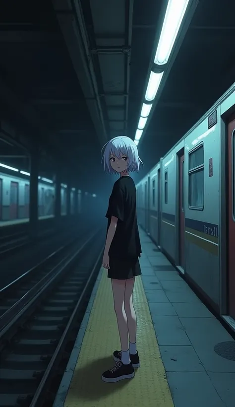 masterpiece, Best Quality, High resolution, Very detailed,(((White Hair Girl))), (((Japanese Anime))), (((Black T-shirt))), (((Shorts))), (((Dark underground station))), (((line))), (((Turning towards me))), (((Black sneakers))), , (((Waiting for the train...