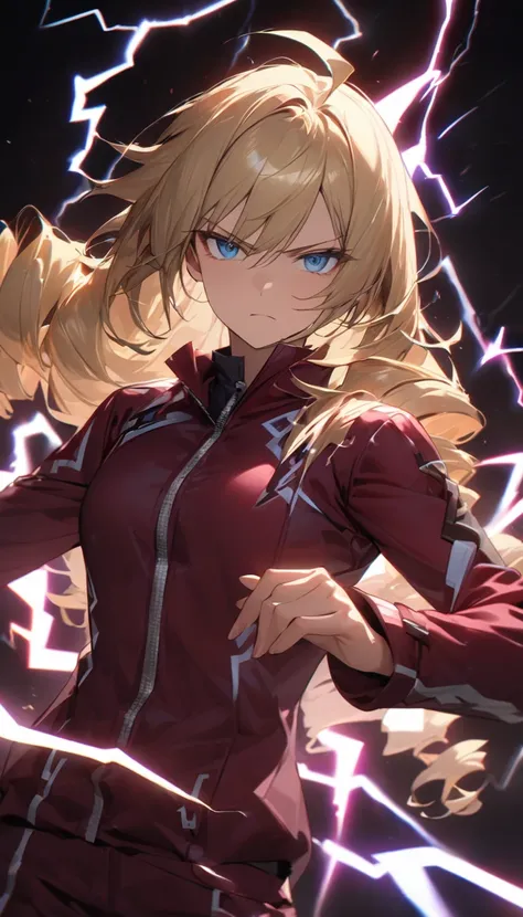 woman, Long Hair, Ahoge, blonde, Drill Hair, blue eyes, Slanted Eyes, Serious face, Maroon zippered sportswear,maroon sportswear pants、 Speedy Shot, (high quality, Very detailed, Artistic), (One character), (Shining lights on a dark background), (Portrait,...