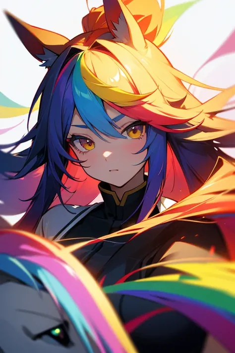 Horse Girl、Horse ears on head、Rainbow hair colour、Gradient hair texture、Long Hair、Right eye red、Left eye yellow、whole body、