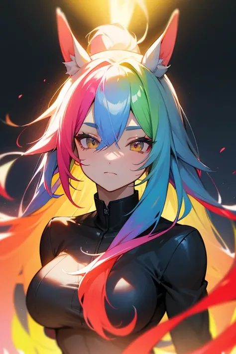 Horse Girl、Horse ears on head、Rainbow hair colour、Gradient hair texture、Long Hair、Right eye red、Left eye yellow、whole body、Muscular、