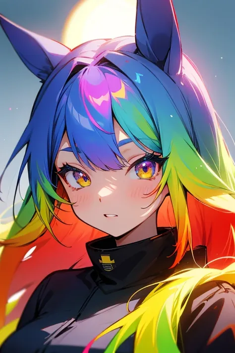 Horse Girl、Horse ears on head、Rainbow hair colour、Gradient hair texture、Long Hair、Right eye red、Left eye yellow、whole body、Cute expression、