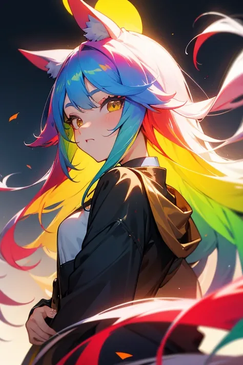 Horse Girl、Horse ears on head、Rainbow hair colour、Gradient hair texture、Long Hair、Right eye red、Left eye yellow、whole body、Cute expression、