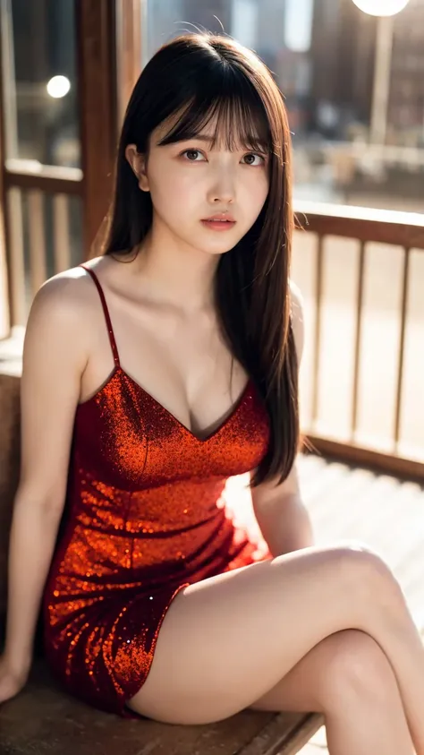 1girl,(wearing a red glittery evening mini dress:1.2),(raw photo, best quality), (realistic, photo-realistic:1.4), masterpiece, ...