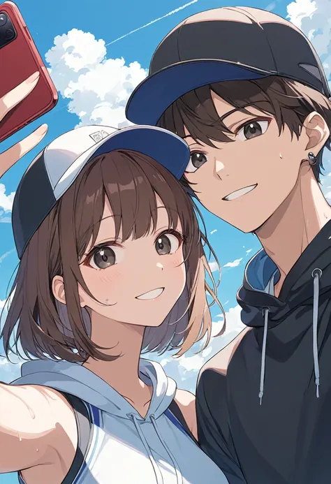 anime style,couple taking a selfie,wear a cap,brown hair,short bob,blowing in the wind,black eyes,shining eyes,shining eyesのハイライ...