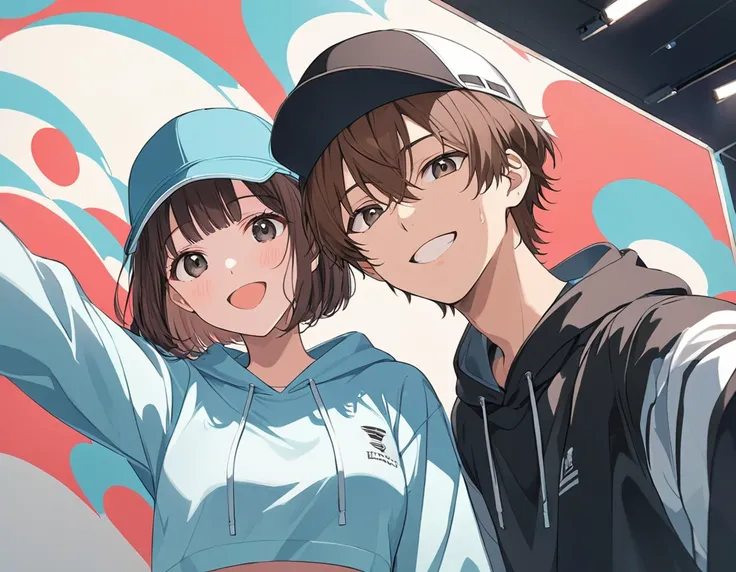 Anime Style,Couple taking a selfie,Wear a cap,Brown Hair,Short Bob,Blowing in the Wind,Black Eyes,Shining Eyes,Shining Eyesのハイライト ストリートダンサーの衣装,Wear a sports bra,Put on a black hoodie,Sweat,The best smile,A scene from youth, emphasizing women,Background is ...