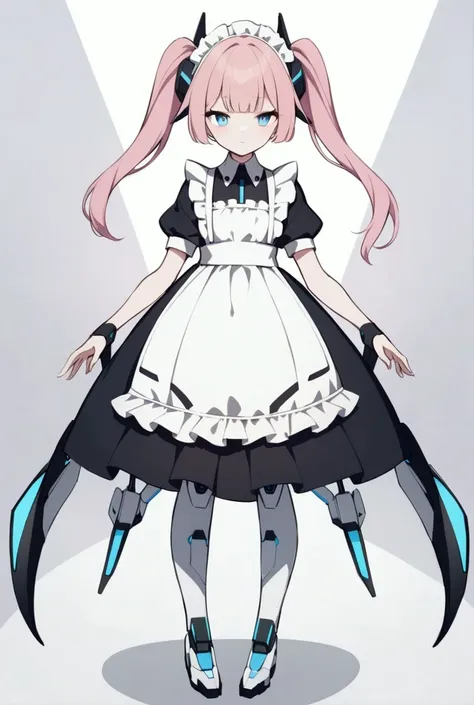 A robot-like girl with a Japanese face, designed with some robotic elements. She has pink twin-tail hair, large blue eyes, and an expressionless face. She wears a maid outfit, combining a classic maid design with subtle futuristic details to reflect her ro...