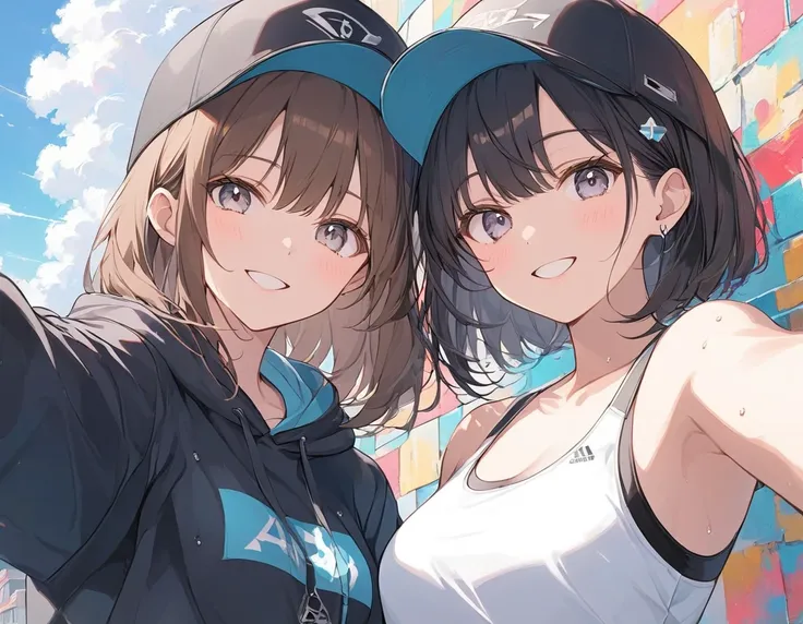 anime style,couple taking a selfie,wear a cap,brown hair,short bob,blowing in the wind,black eyes,shining eyes,shining eyesのハイライ...