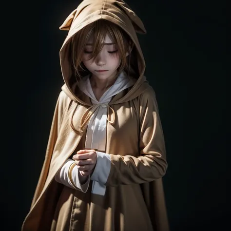 girl, Brown hoodie,Brown hood hides eyes, Beige robe, Hidden Face, standing wrapped in Beige robe, Parker closes his eyes, Horror, darkness, Blood