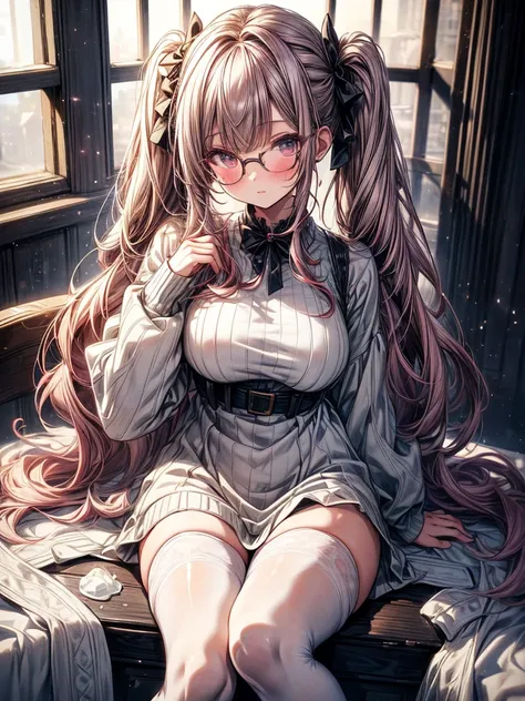 best quality, masterpiece, highly detailed, high resolution, anime style, solo, young girl, short height(160cm), slight blush, full lips, fair white skin, grey colored starry pupiled eyes, Red Hair((waist length)), twintails, Knee length sweater dress, she...