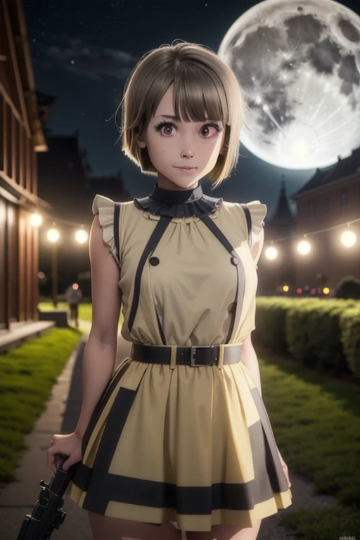 Tan Hair，Bobcut，short hair，ワンレングスBobcut，Asymmetrical hairstyles，Long left hair，Red Eye，nakasu kasumi，devil Cosplay，night，Valhalla Castle，Outdoor，full moon，gun，devil