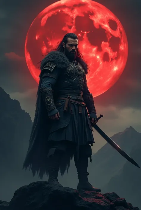 (photorealism:1.2), handsome man  , with a sword in his  hand , pitch black darkness  around him,a bloody moon behind him ,standing on a mountain   , wearing ancient cloths ,long  hair,  ready to battle  pose, chineese anime type look