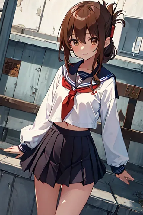 best quality, masterpiece，high resolution, youngとても小さな少女一人, {inazuma_kantai collection:1.15}, 茶色のhair, folded_ponytail, brown ey...