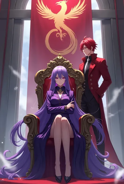 create a wallpaper of a realistic anime female  with long purple hair. make her wear a purple coat. make her sit on a throne with her arms crossed. Put a male with red hair and red eyes wearing red coat and suit stand on the  side of her throne looking at ...