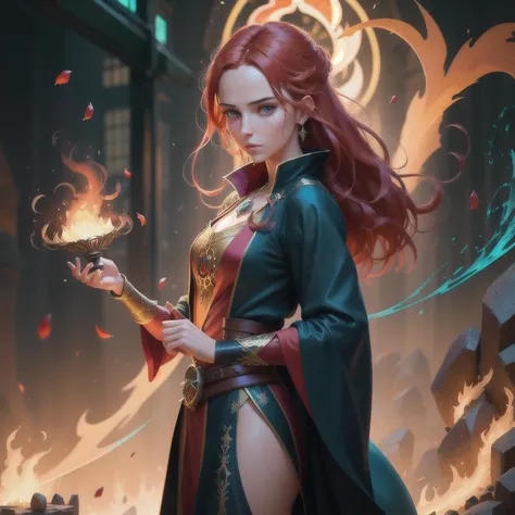 modelshoot style, (extremely detailed CG unity 8k wallpaper), full shot body photo of the most beautiful artwork in the world, english medieval, fire genasi sorcerer, black silk robe, nature magic, medieval era, painting by Ed Blinkey, Atey Ghailan, Studio...