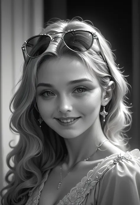 nauskaavalofvi, monochrome, shades of gray, detailed 1girl, looks at the viewer, sad smile, upper body,