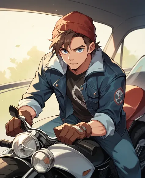 Solo ,human Male 20 Years  , Brown Hair Style , wearing red  beanie , wearing denim fur jacket  , dark blue pupils ,Motorcycle Driving Gloves