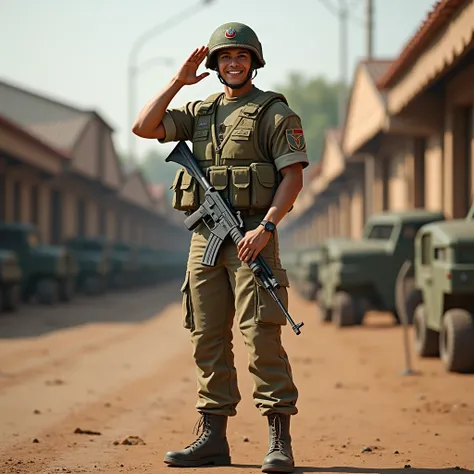 A Confident Male Kazakh Army Soldier Full Body in his 20s happy standing smiling and posing in a Kazakh Army Base in Astana, Kazakhstan wearing a Kazakh army helmet with Kazakh army goggles with a Kazakh army fatigue top wearing a Kazakh army bullet proof ...