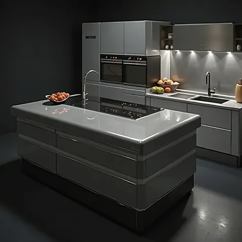 a close up of a kitchen with a large island and a sink, panfuturism, a computer rendering, inspired by Heinrich Maria Davringhausen, sleek utopian design, industrial design, auto and design magazine, luxury bespoke kitchen design, style of flavie audi