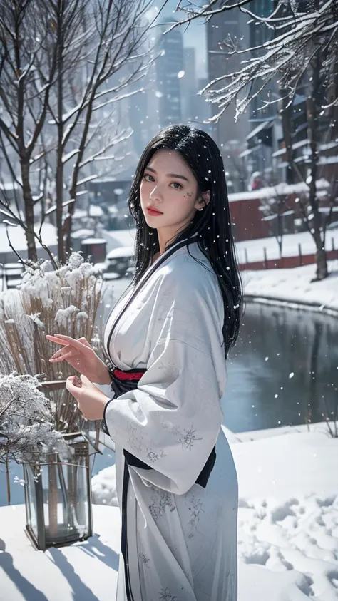 High resolution、masterpiece、Textured skin、high quality、超High resolution、Very detailed、woman、Center parted long hair(Gray Hair)、Age 35、Pure white kimono、Snow Woman、Japanese Yokai、((The background is a snowy landscape、Willow trees grow、((night))Snowstorm))、L...