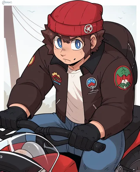 Solo ,human Male 20 Years  , Brown Hair Style , wearing red  beanie , wearing denim fur jacket  , dark blue pupils ,Motorcycle Driving Gloves