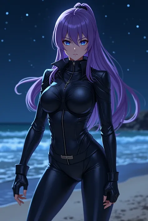 estilo shingoaraki, Saori Kido, Women, athletics, blue eyes, white skin, Frowning brow, he would be,closed mouth, semi-long straight purple hair, purple hair with bangs, majestic, Looking at the camera, fitted leather jacket, black leather gloves, black bo...