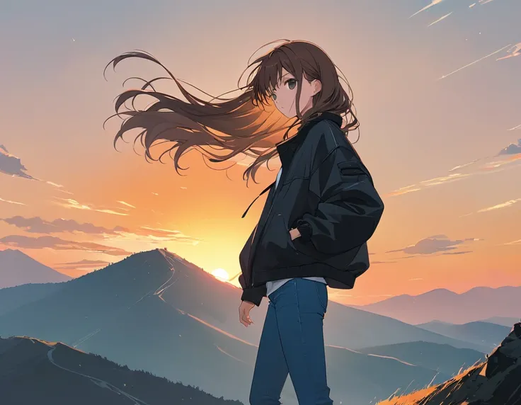 Anime Style,Woman holding her hair,Standing on the mountain top,Brown Hair,Long Hair,Blowing in the Wind,Black Eyes,Shining Eyes,Shining Eyesのハイライト 白いシャツ,Wear a black drop shoulder jacket,Wearing jeans, stern expression,Disgust,A scene from youth, emphasiz...