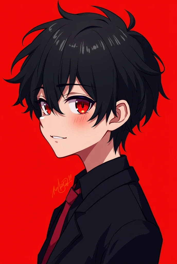 Cartoon cute boy, yandere male, Charming, Handsome，, red eye,fashion hair，short detailed hair，Playful expression，Side face avatar，Black color hair，red background horror full body head to legs no pose