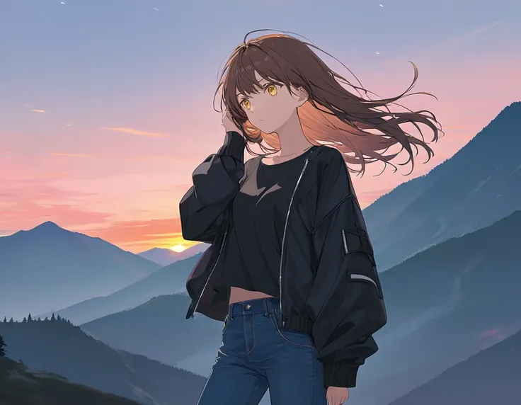 Anime Style,Woman holding her hair,Standing on the mountain top,Brown Hair,Long Hair,Blowing in the Wind,Yellow Eyes,Shining Eyes,Shining Eyesのハイライト 白いシャツ,Wear a black drop shoulder jacket,Wearing jeans, stern expression,Disgust,A scene from youth, emphasi...