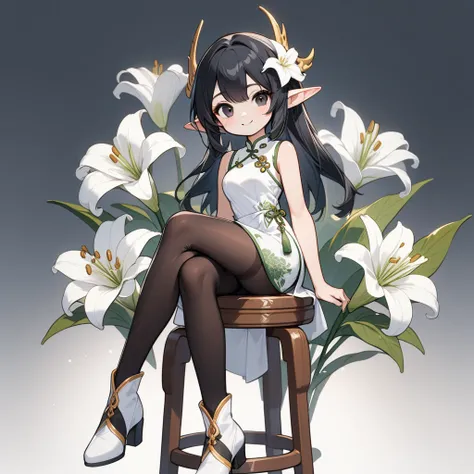 1 elven girl, solo, full body, sitting on a stool, crossed legs, noble smile, black Hair with ornament of a white lily, black eyes. drooping thin Pointed Ears, White Sleeveless mini Cheongsam with flower prints, black pantyhose, thigh, white short boots, s...