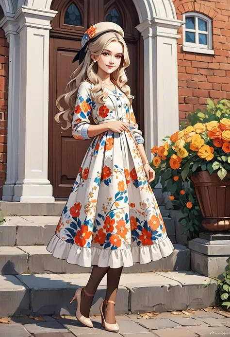 Attending Church on Sunday morning.. Pretty 21yo Slavic woman, perfect figure, small natural breasts, blond hair, brown eyes, ((very pale:1.3)),  Sunday best. long wavy hair, light makeup, hat, cardigan. long floral print dress, tan pantyhose, high heels. ...