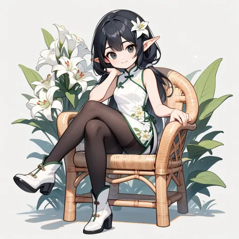 1 elven girl, solo, full body, sitting on a Rattan chair, crossed legs, noble smile, hime cut, black Hair with ornament of a white lily, black eyes. drooping thin Pointed Ears, White Sleeveless mini Cheongsam with flower prints, black pantyhose, thigh, whi...