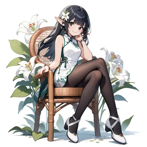 1 elven girl, solo, full body, sitting on a Rattan chair, crossed legs, noble smile, blunt bangs, black Hair with ornament of a white lily, black eyes. drooping thin Pointed Ears, White Sleeveless mini Cheongsam with flower prints, black pantyhose, thigh, ...