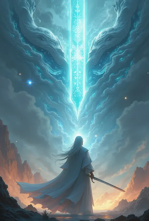 Backview of handsome Xianxia protagonist,long silver hair,hold simple majestic sword,facing against immortal and god