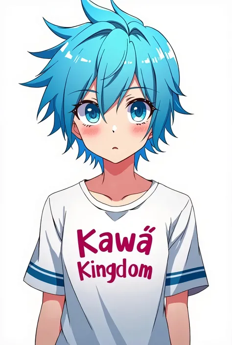 Rimuru character from Ishitara slime humanoid, male and in anime, with bright blue hair and bright eyes also with a yellow tone on a white background with the shirt written Kawa Kingdom 