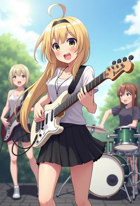 White girls rock band( 1 long haired guitarist, 1 drummer with short hair, A team consisting of one ponytail-style singer), A passionate performance, Dynamic pose, Outdoor performances, sunny day, diffused natural lighting, Best quality, Realistic illustra...