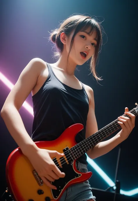 Best Quality, Masterpiece Ultra High Resolution,(((High quality photos))),Dynamic lighting,For lighting,Colorful light,On the live stage,Japanese girl,Wearing a tank top,Small breasts、Flat Chest、Clevis ,Very short trousers, Playing electric guitar,Hold the...