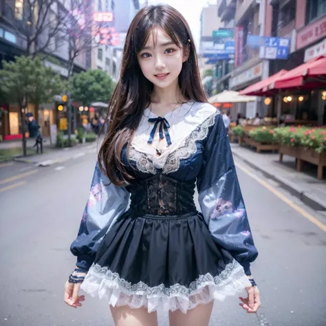 One Japanese person、Fair skin、Round face、Big eyes、Droopy eyes、Cute beautiful girl、Young beautiful girl、Good style、Her legs are also slender and long.。A fantastic city street、Galaxy space glowing background、A whole dream world。Do a dynamic dance、Taking ligh...