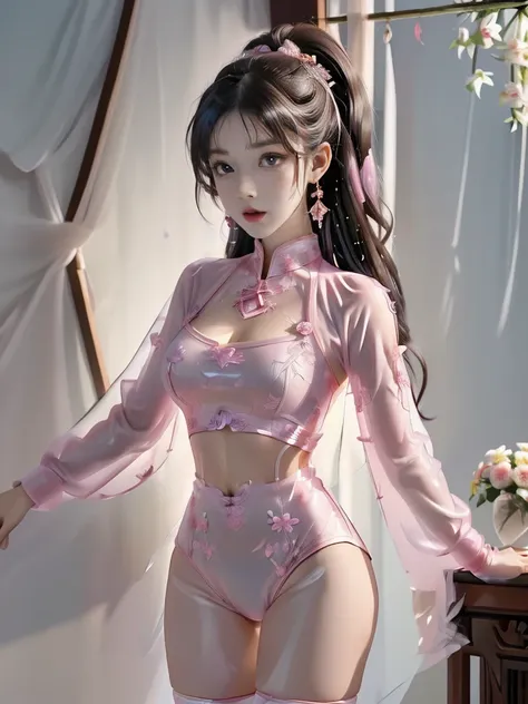 ((a woman)), 美丽脸庞的sexy中国华裔女明星, wearing pink, wearing pink透明衬衫, wearing pink透明裤子, the pants are very fluffy，completely round，perf...