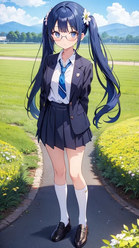 Anime girl standing with her arms folded behind her back　Twin tails　Glasses　White crew socks　Black Loafers　Blazer uniform　tie　Blue Hair　Flower Field