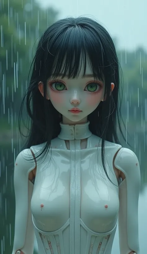 in rain robot that Neat (clean, beautiful, simple) Japanese beautiful girl Age is teenager Small face (white and beautiful skin) Around the eyes (pale pink corners of the eyes) Eyes (short eyelashes, long but attractive size) Pupil (deep green) Bridge of n...