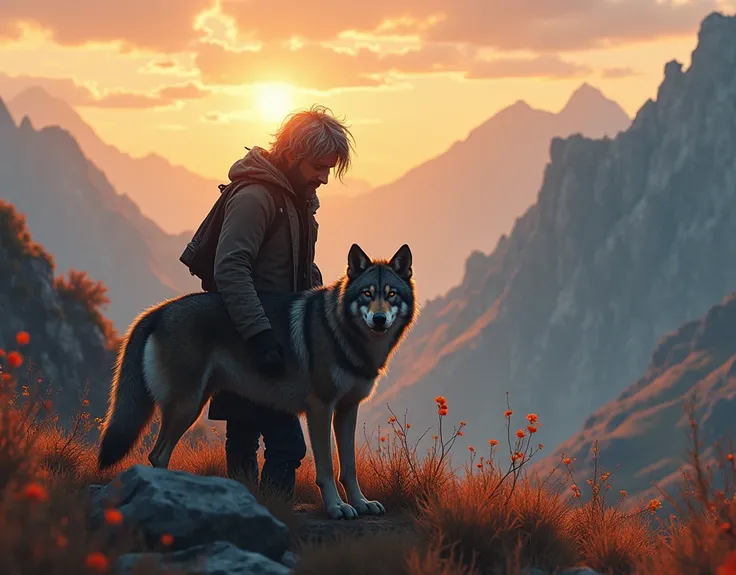 Long shot of an Albanian vet, Shaggy style grey hair, Have a pet wolf, The background is autumn mountains, sundown, Soft Focus, Light, Soft Light, debt/8, Beige and navy blue splashes, Swirl, Extremely hyper aesthetic