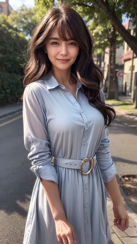 ((Best Quality)), ((8k)), ((masterpiece: 1.3)), (Perfect appearance), (Photorealism: 1.6), (Genuine:1.4), (Mature Woman Portrait), Perfect Anatomy, (6), Short bangs, Wavy Long Hair, Gentle smile, (Button front belted shirt dress), (Close-up of face), (Tree...