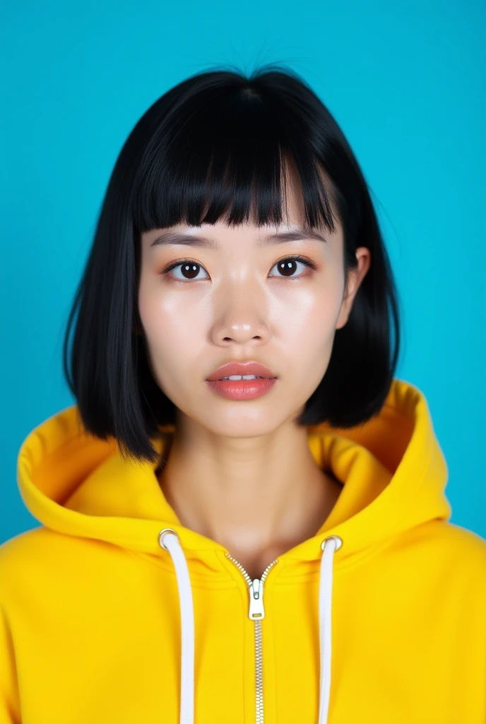 - The background is bright blue.
 - Her hair is a straight black bob cut.
 - She is wearing a yellow hoodie with a zipper.
 - The hoodie has white strings attached to it.
 - The model wears natural makeup, drawing particular attention to her lips.