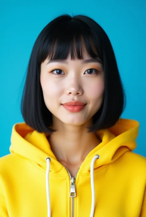 - The background is bright blue.
 - Her hair is a straight black bob cut.
 - She is wearing a yellow hoodie with a zipper.
 - The hoodie has white strings attached to it.
 - The model wears natural makeup, drawing particular attention to her lips.