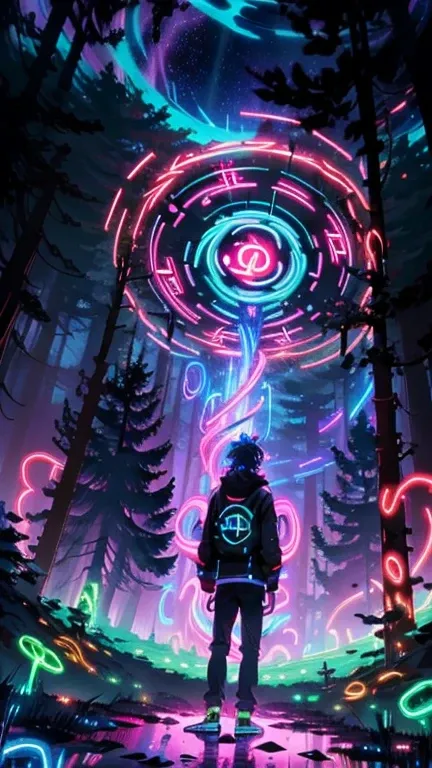 A lone teenager stands in a dark forest clearing, ((illuminated by a swirling vortex of neon colors)). ((Strange symbols and arcane glyphs float in the air)), casting an otherworldly glow. The scene is filled with overlapping neon colors and trippy visuals...